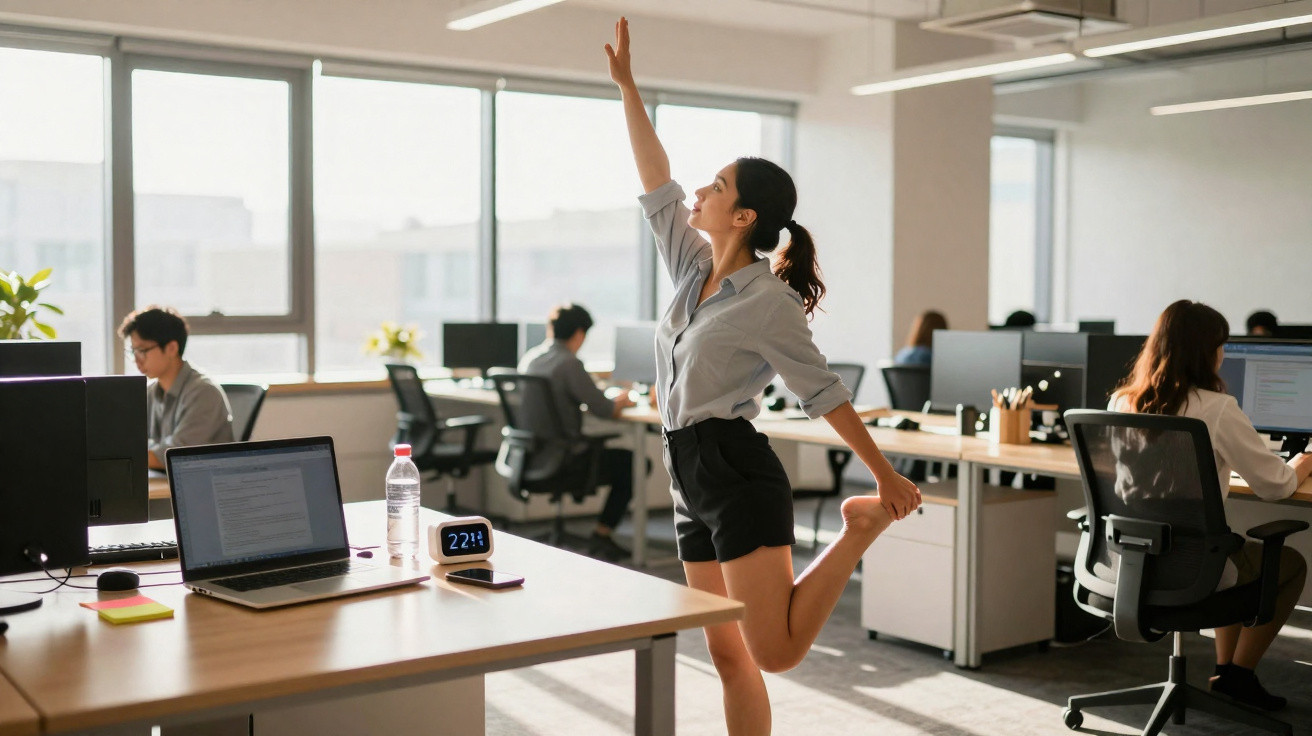Mulher estica o corpo e faz exercício de alongamento numa mesa num escritório com colegas a trabalhar.