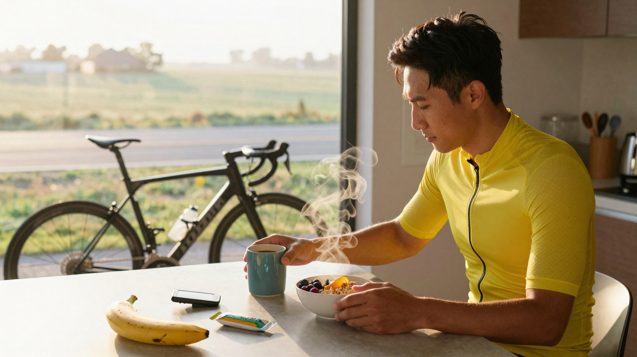 Homem de roupa de ciclismo amarela a tomar pequeno-almoço com chá e fruta numa cozinha com bicicleta ao fundo.