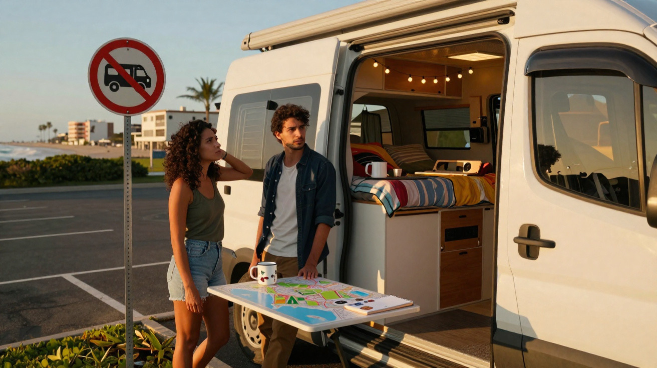 Casal junto a autocaravana estacionada perto da praia com mapa sobre mesa dobrável ao pôr do sol.