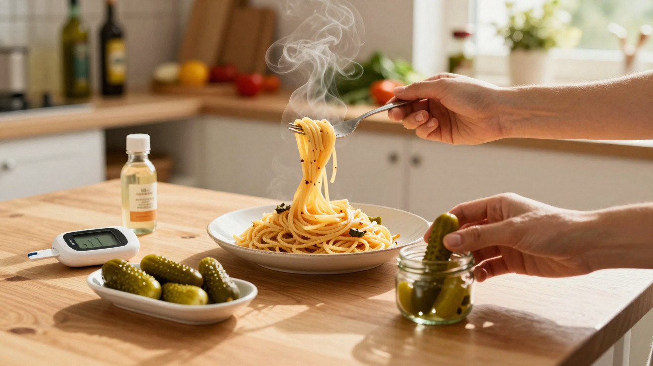 Mãos a enrolar esparguete fumegante num garfo e a pegar um pepino em conserva num frasco, numa cozinha moderna.