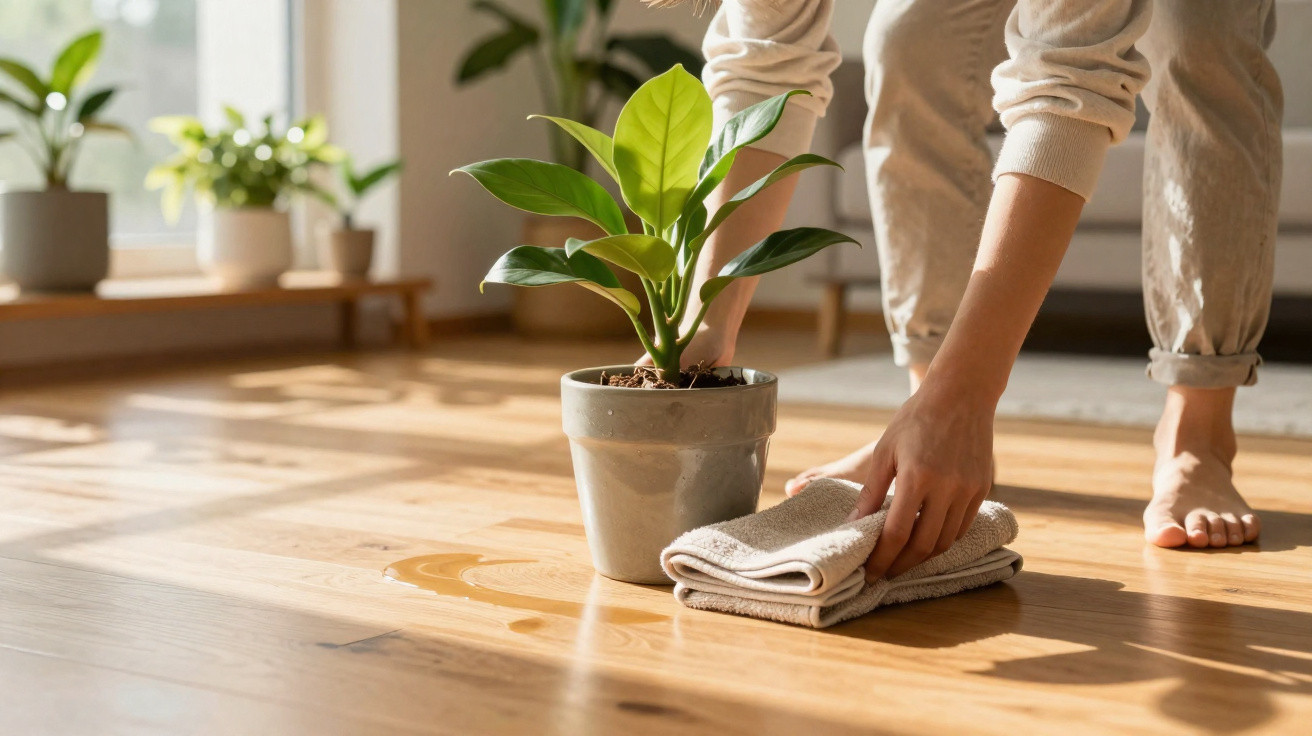 Pessoa a limpar um derrame de água no chão de madeira ao lado de uma planta em vaso.