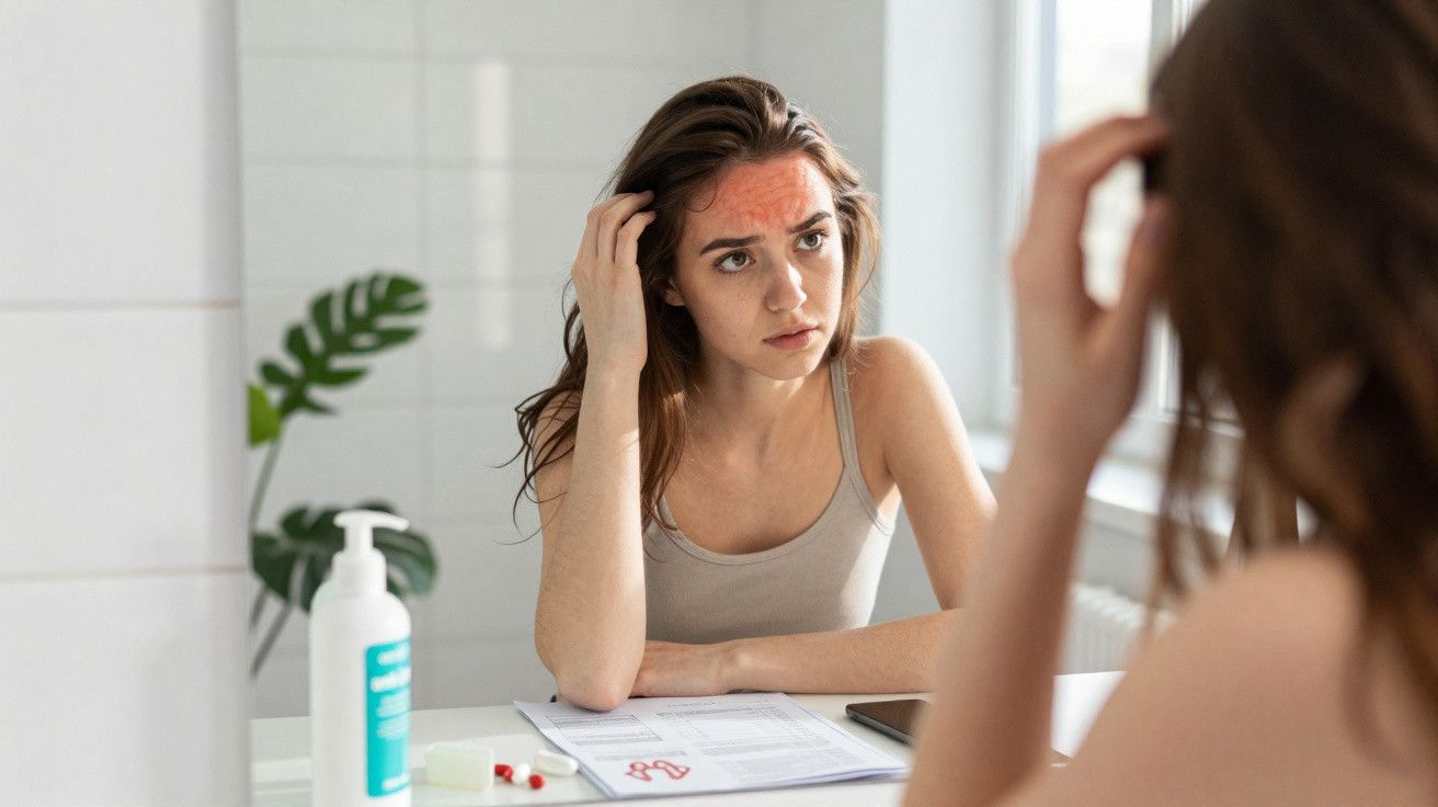 Mulher a olhar para o espelho com expressão preocupada, com manchas vermelhas no rosto e remédios na mesa.