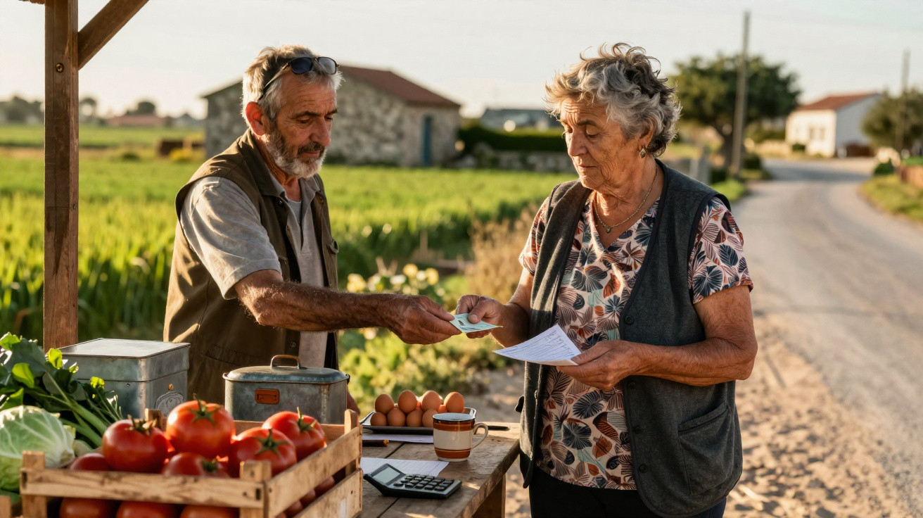 Homem vende produtos agrícolas a mulher num mercado ao ar livre numa zona rural ao fim do dia.
