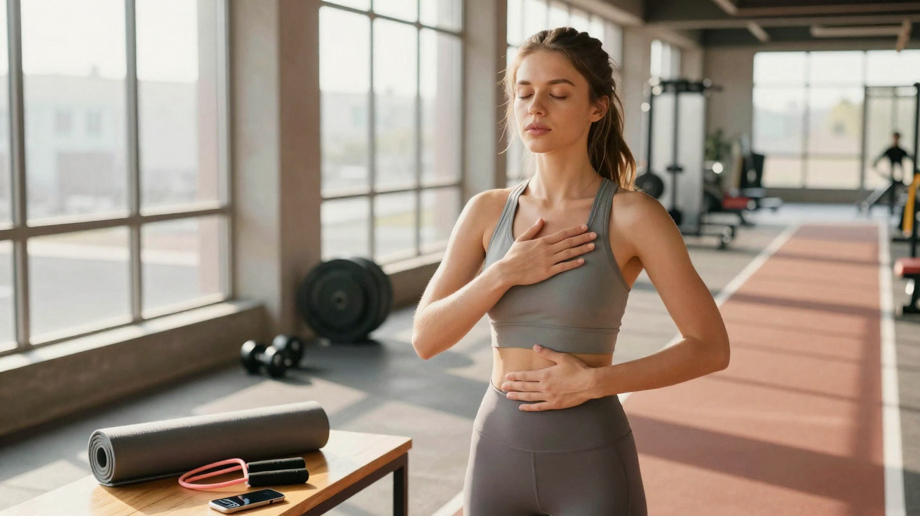 Mulher jovem em roupa de treino a praticar respiracão consciente numa ginásio iluminado.