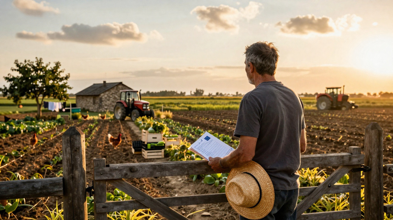 Homem com chapéu na mão observa terreno agrícola com tratores e galinhas ao pôr do sol.