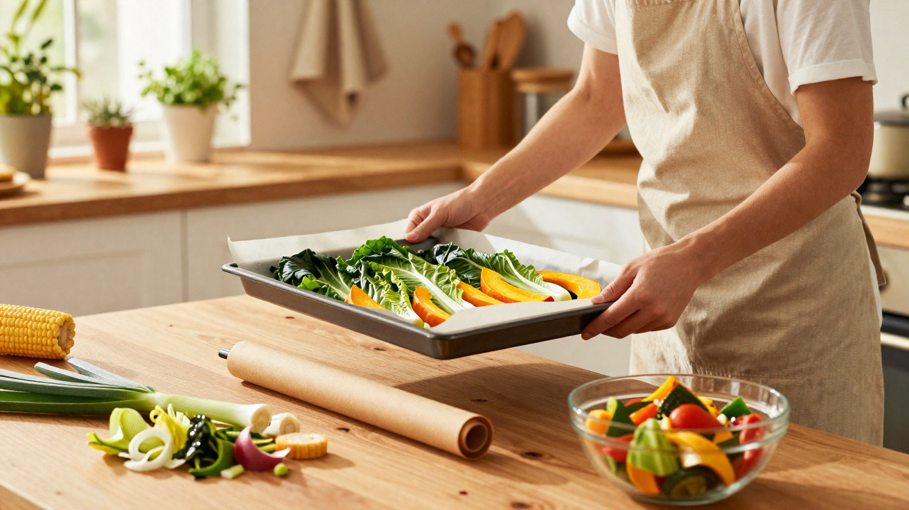 Pessoa a preparar legumes frescos num tabuleiro na cozinha luminosa e organizada.