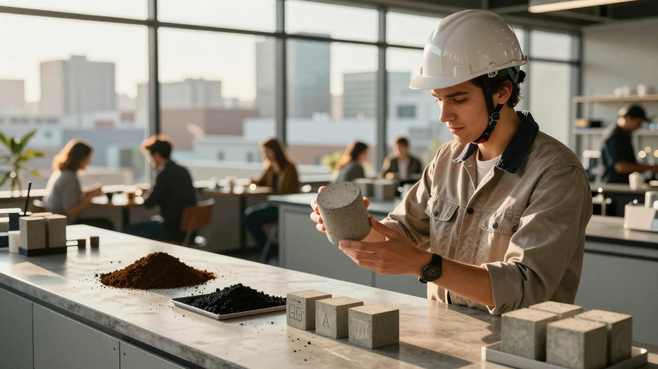 Engenheiro a inspeccionar amostra de cimento numa mesa com materiais e blocos de construção.