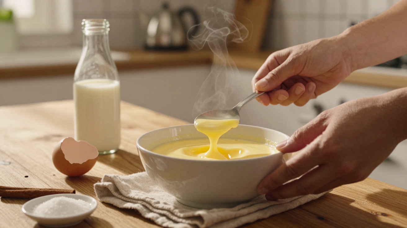 Mãos seguram uma tigela com creme quente emite vapor, ao lado de garrafa de leite, ovo partido e sal numa mesa de cozinha.