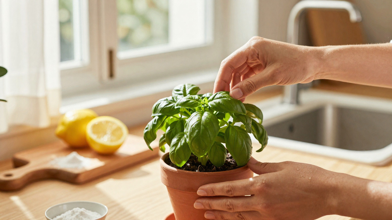 Mãos a cuidar de manjericão num vaso terracota numa cozinha com limões e luz natural pela janela.