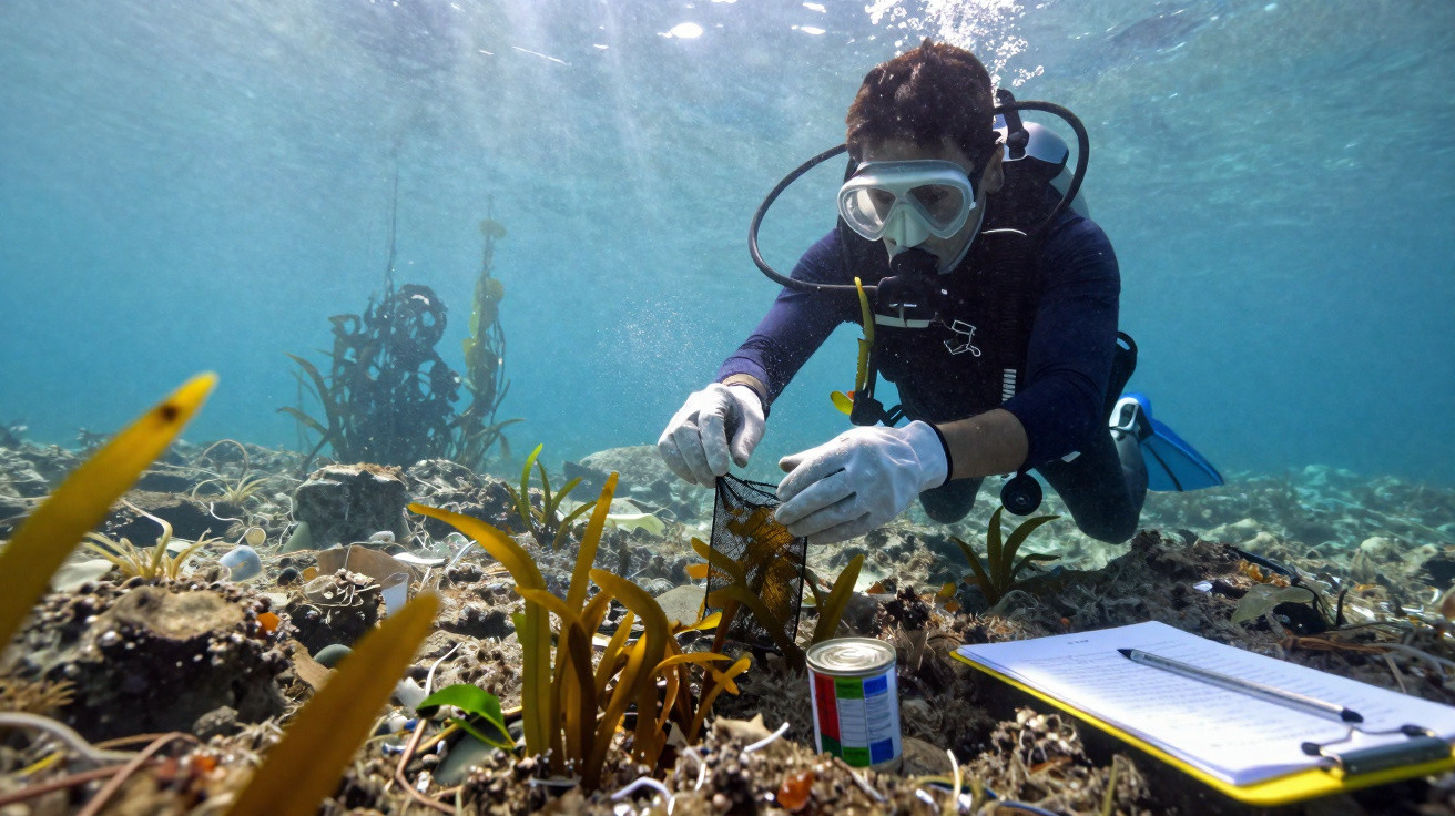 Mergulhador com equipamento recolhe amostras no fundo do mar ao lado de tinteiro e prancheta com papel.