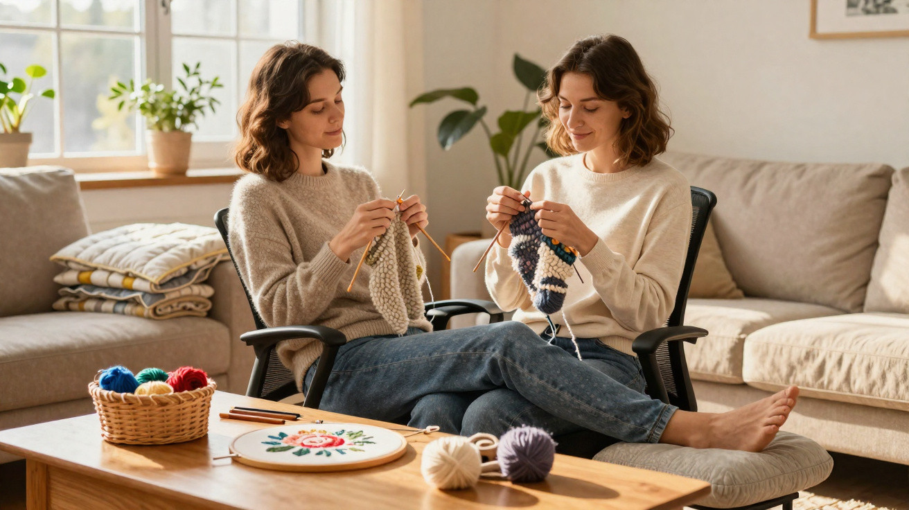 Duas mulheres a tricotar sentadas em cadeiras numa sala iluminada com plantas e lã.