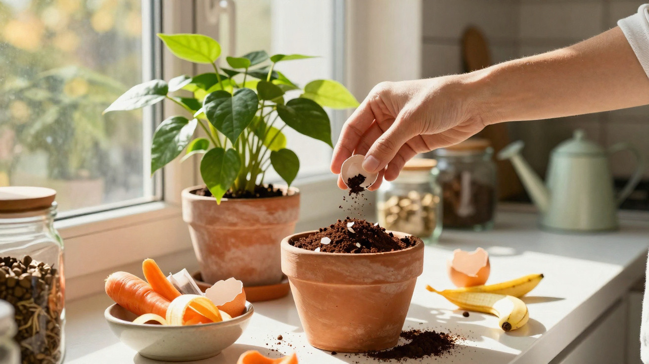 Mão a plantar semente em vaso com terra, ao lado de planta, cascas de ovo e legumes numa cozinha luminosa.