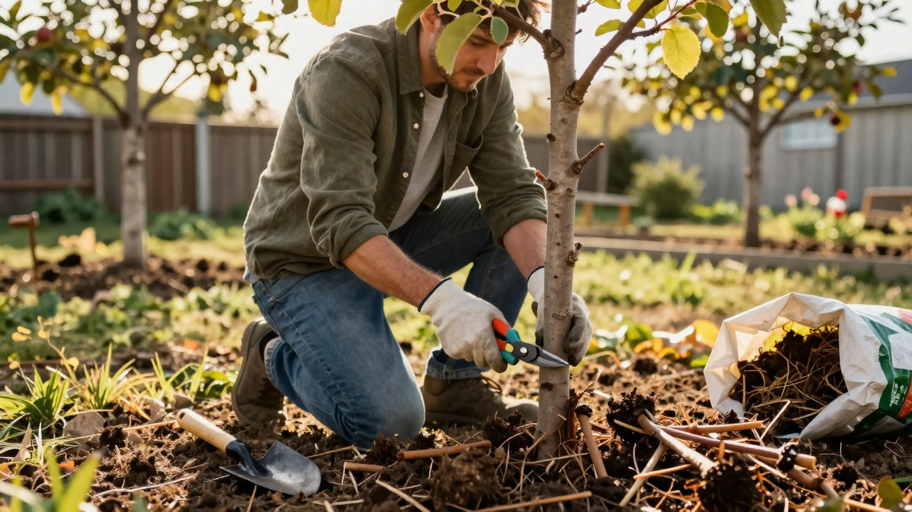 Homem a podar um pé de árvore num jardim com luvas e ferramentas de jardinagem.