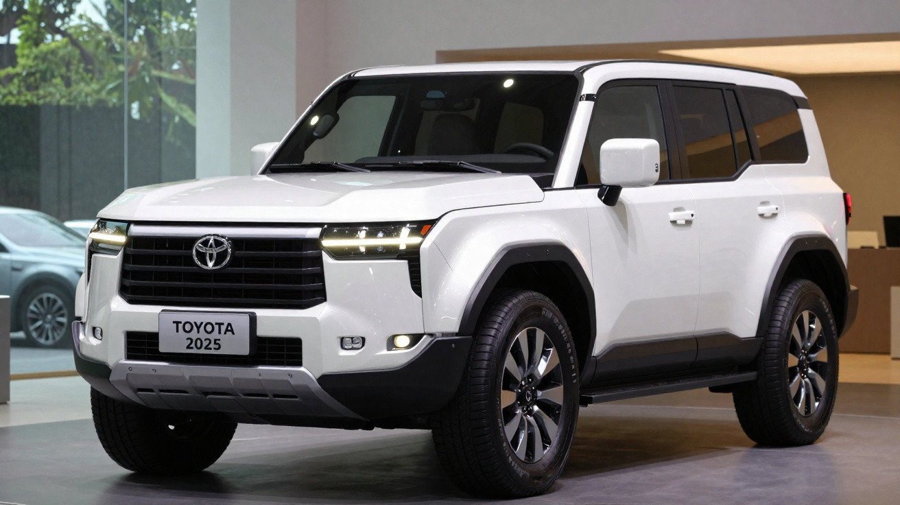 SUV Toyota 2025 branco estacionado, com design moderno e faróis LED ligados.