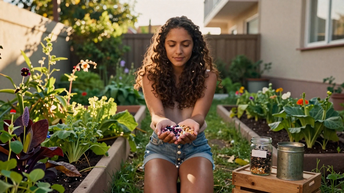 Mulher jovem sentada em jardim, segurando sementes coloridas nas mãos, rodeada de plantas e flores.