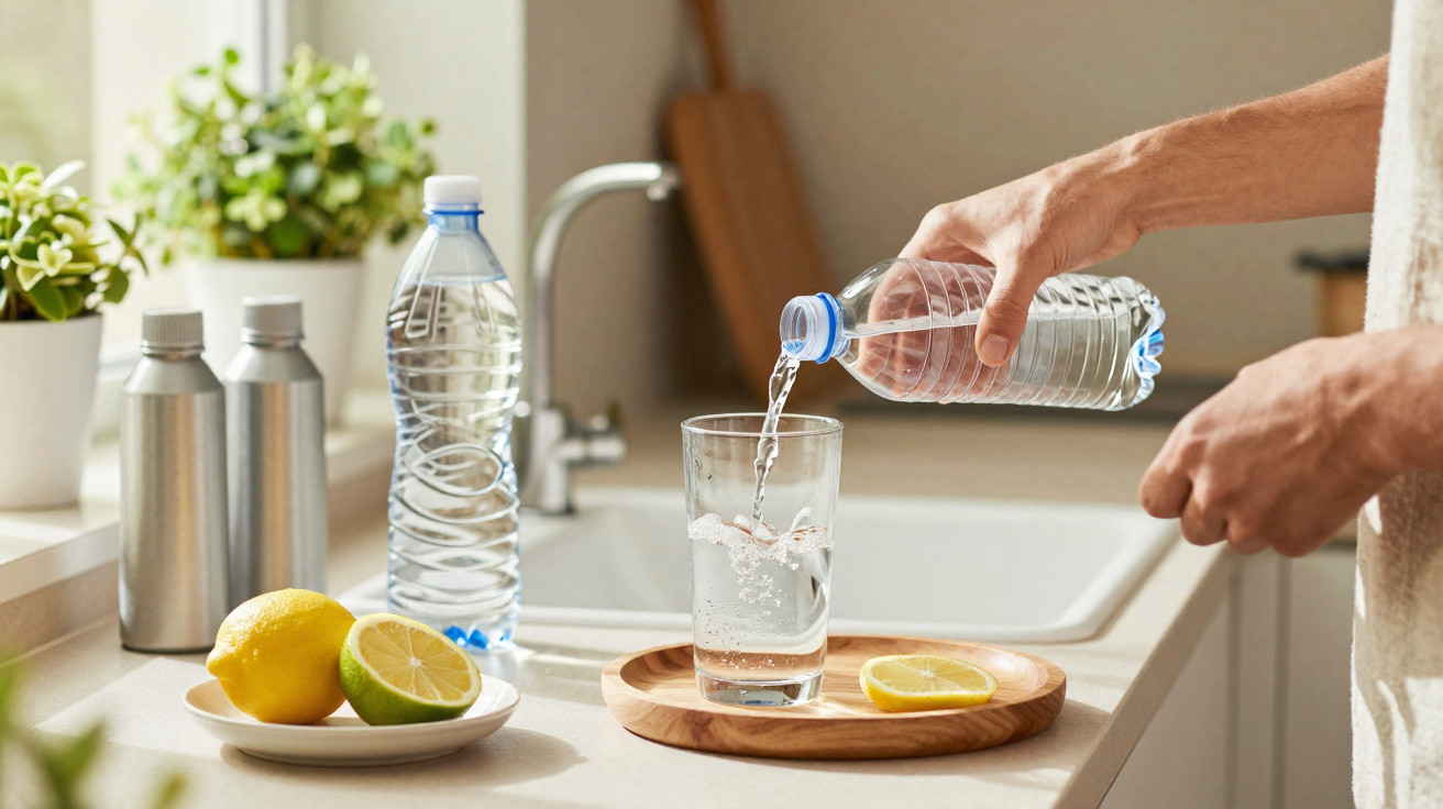 Pessoa a verter água de uma garrafa plástica para um copo na cozinha com limão e plantas ao fundo.