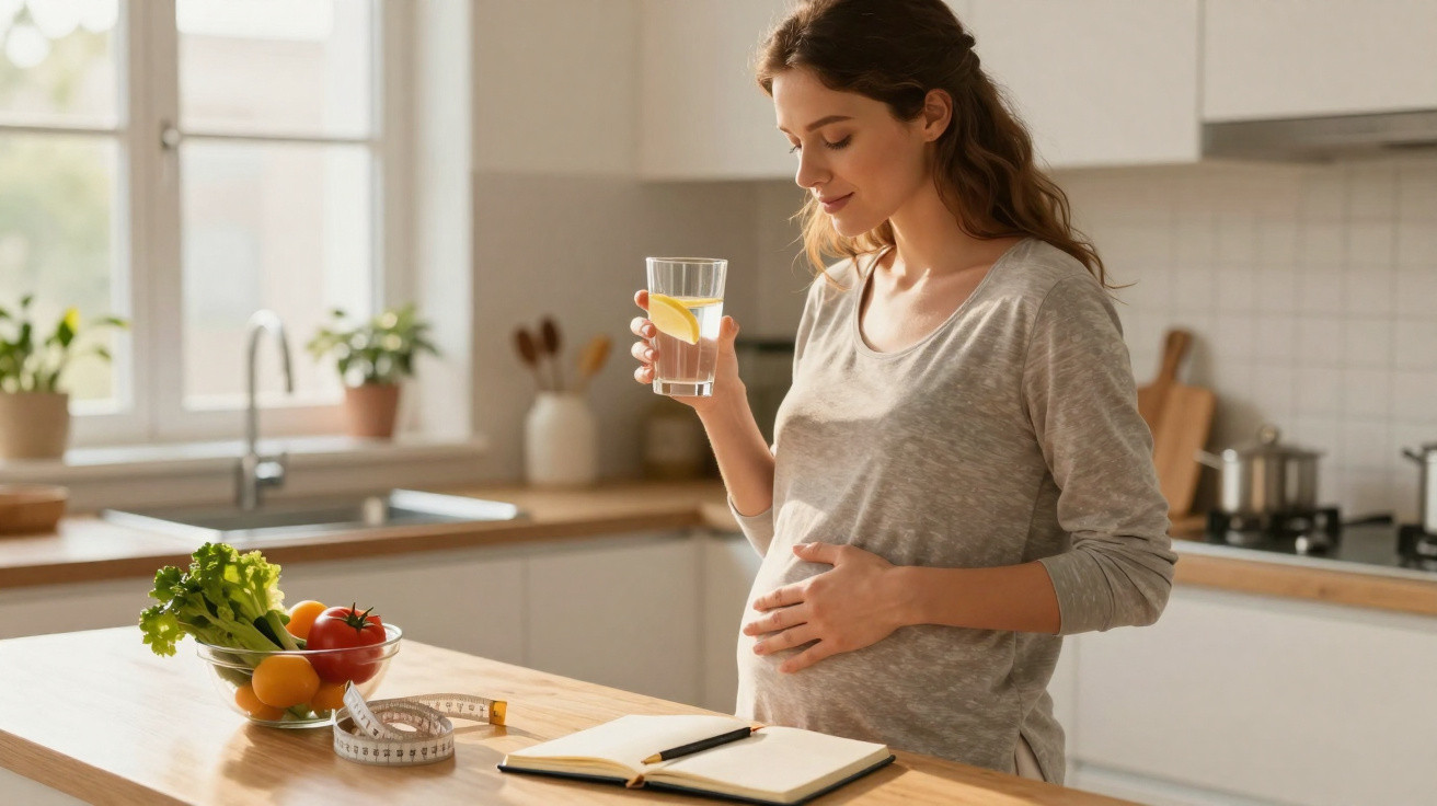 Mulher grávida numa cozinha segura copo de água com limão, à frente legumes, fita métrica e caderno aberto.