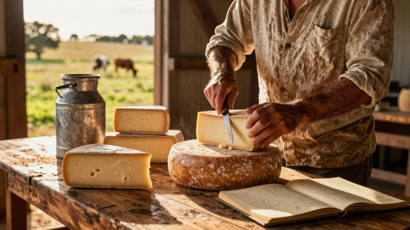 Homem a cortar queijo numa tábua rústica com vacas ao fundo numa quinta ao fim da tarde.