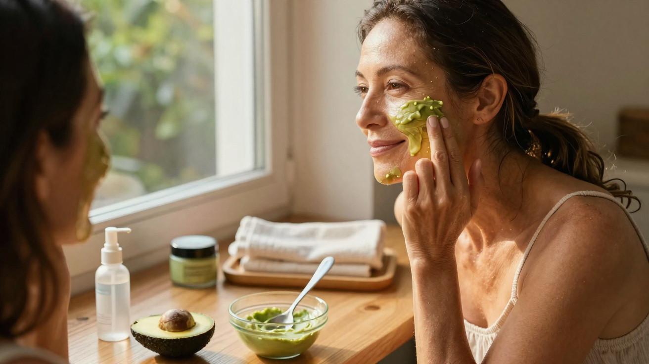 Mulher a aplicar máscara facial de abacate em frente a um espelho junto a uma janela com luz natural.