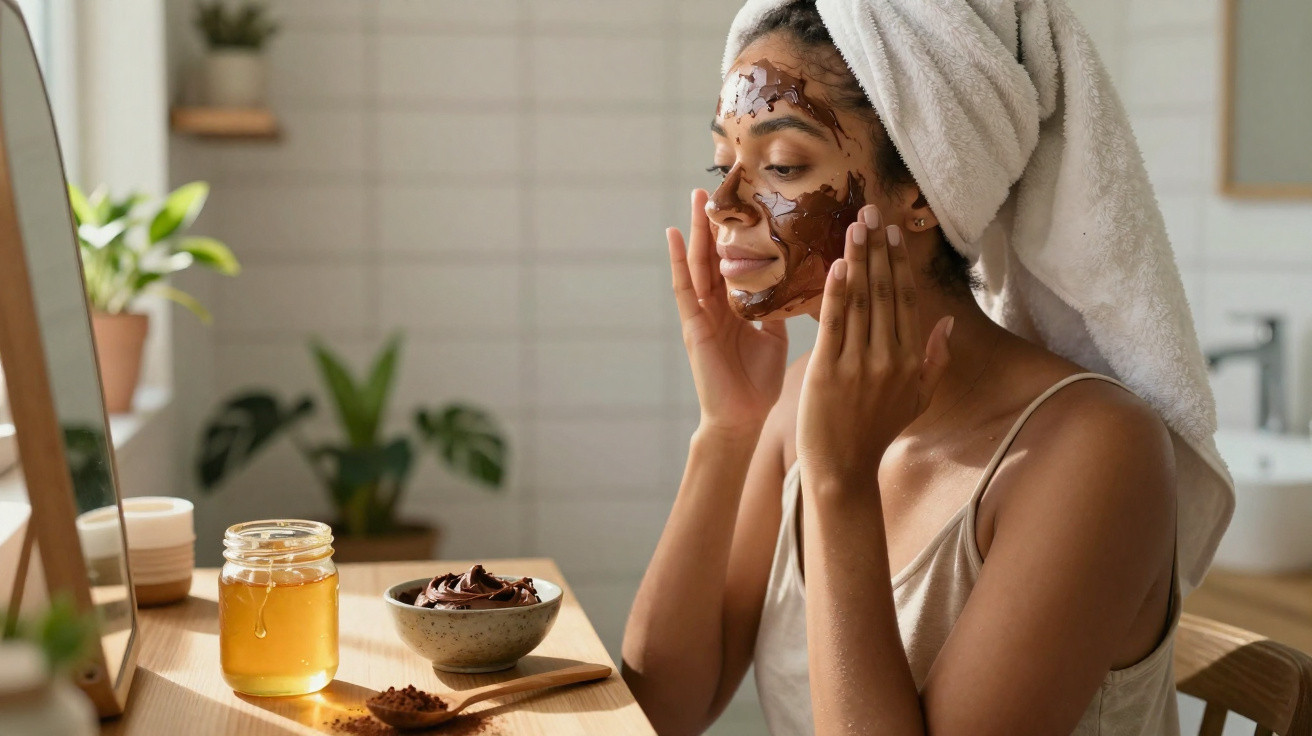 Mulher a aplicar máscara facial de chocolate no rosto, com toalha na cabeça, sentada junto a uma bancada de madeira.