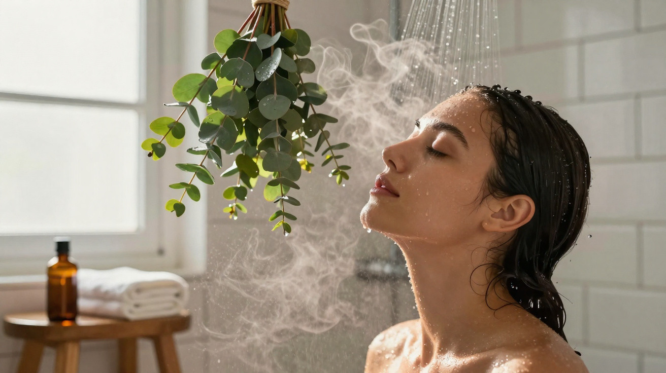 Mulher desfrutando de um banho relaxante com vapor e um ramo de eucalipto pendurado no chuveiro.