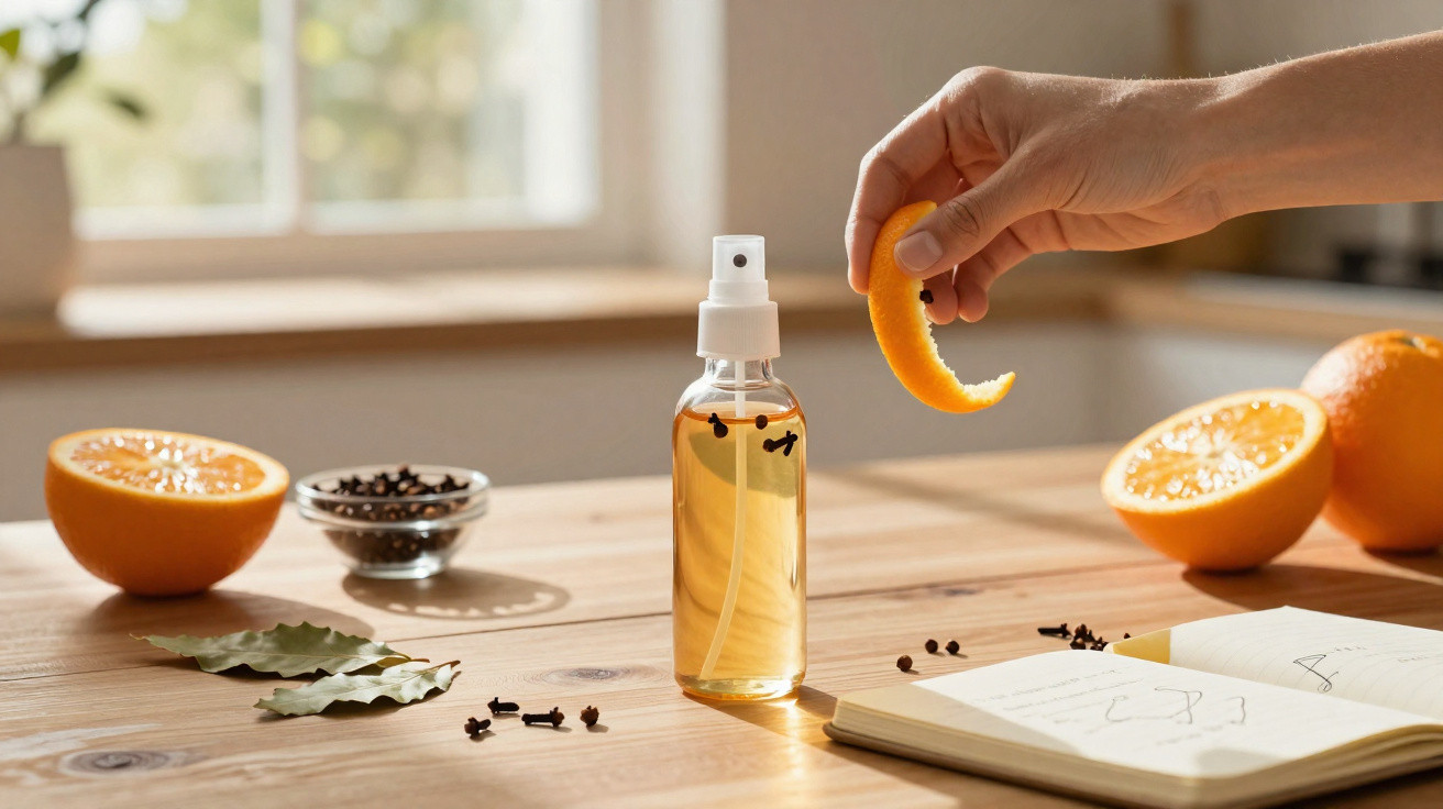 Mão a segurar casca de laranja junto a spray com especiarias, laranjas cortadas e caderno numa mesa de madeira.