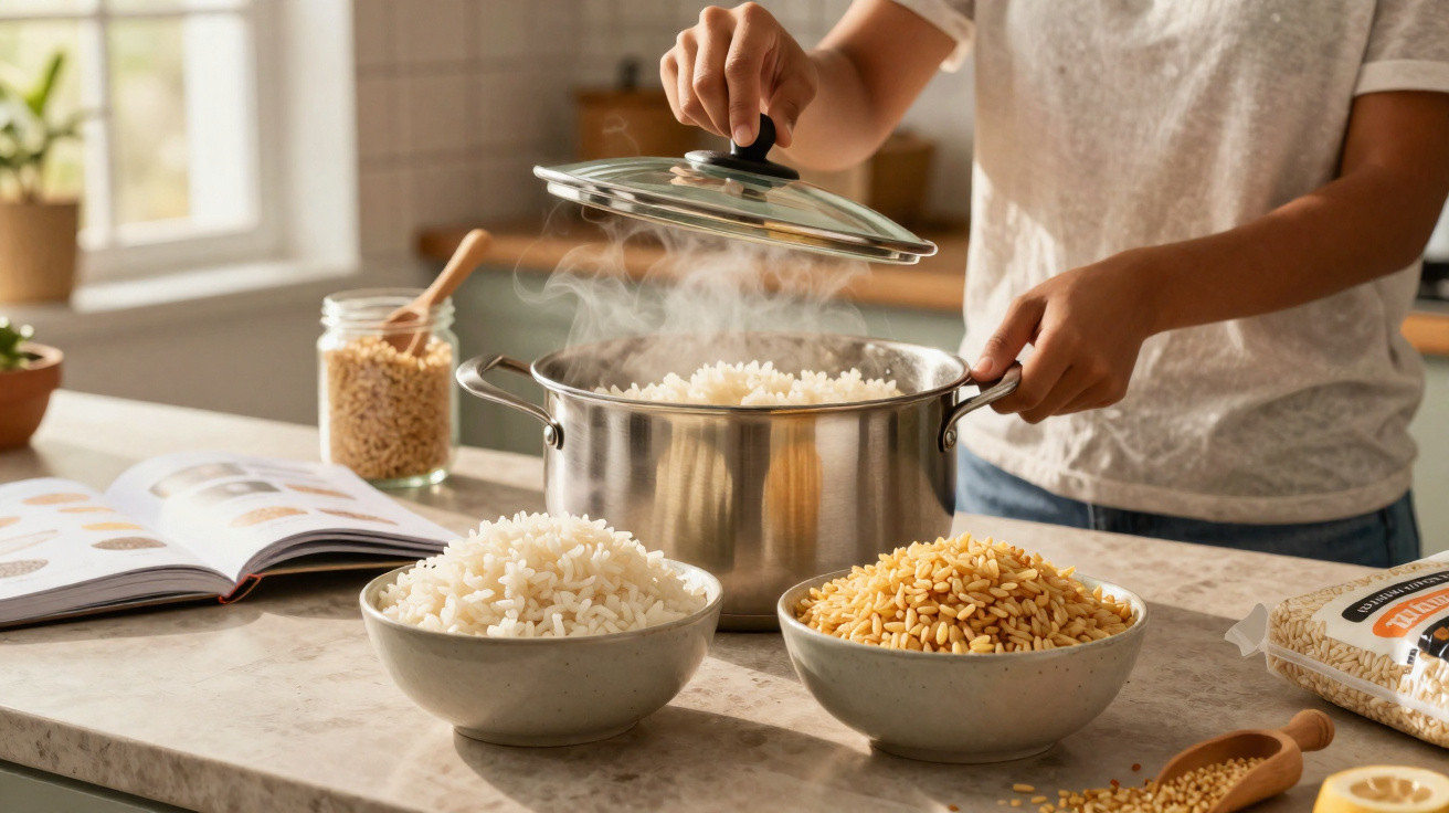 Pessoa a levantar a tampa de panela com arroz acabado de cozinhar numa cozinha luminosa e organizada.