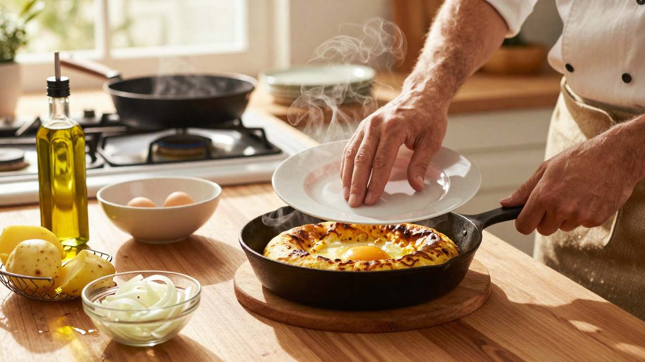 Mãos a servir uma tarte de ovo quente numa frigideira numa cozinha com ingredientes frescos à volta.