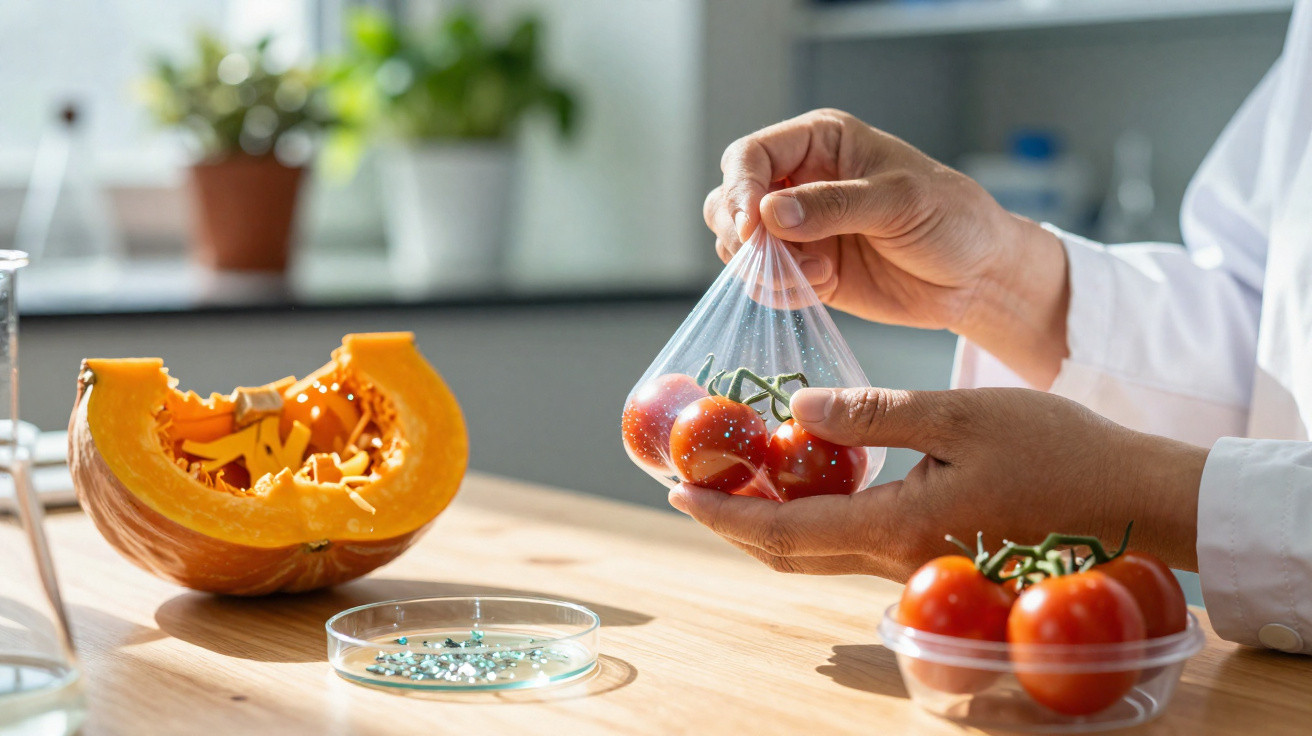 Mãos seguram saco com tomates-cereja junto a abóbora partida e petri com amostras em bancada iluminada.
