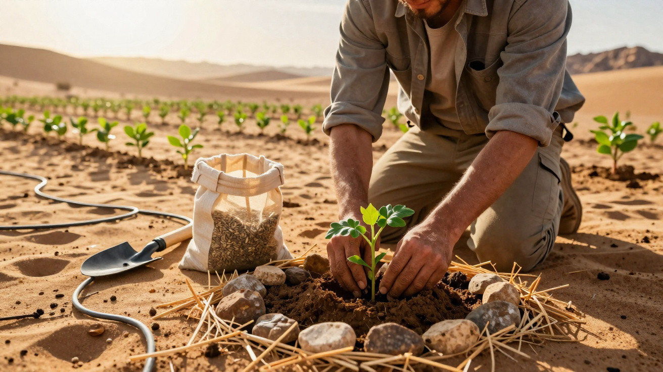Pessoa a plantar uma planta jovem num solo árido rodeado por pedras e palha no deserto.