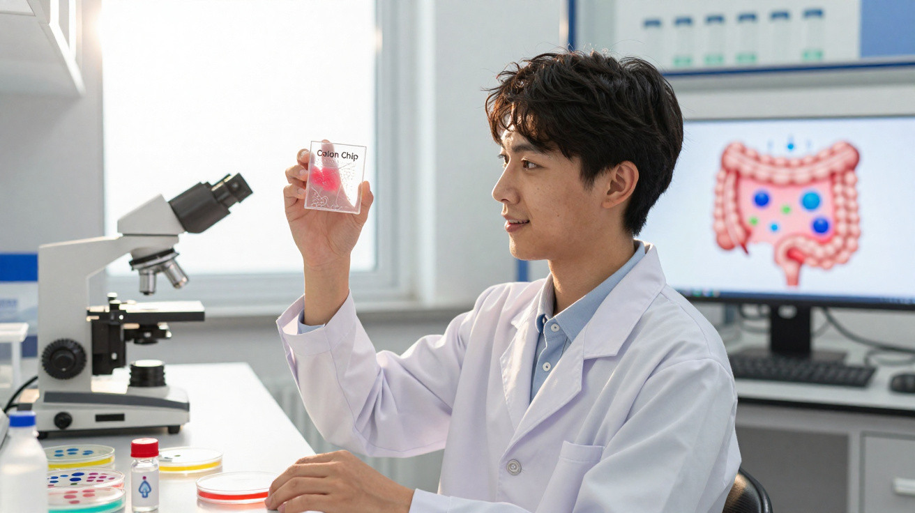 Cientista em laboratório a analisar uma lâmina rotulada "Colon Chip" com microscópio e imagem de intestino ao fundo.
