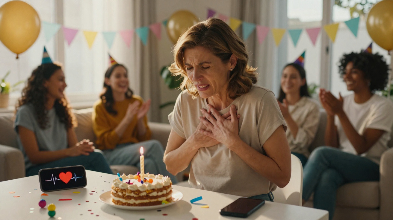 Mulher com dor no peito sentada à mesa com bolo, cercada por quatro amigas a celebrar aniversário.