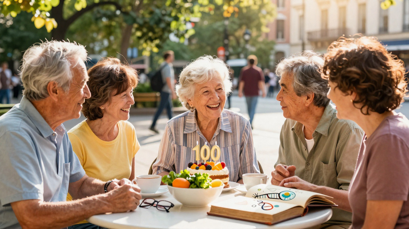Grupo de idosos sorridentes a celebrar 100 anos com bolo e chá ao ar livre numa tarde ensolarada.