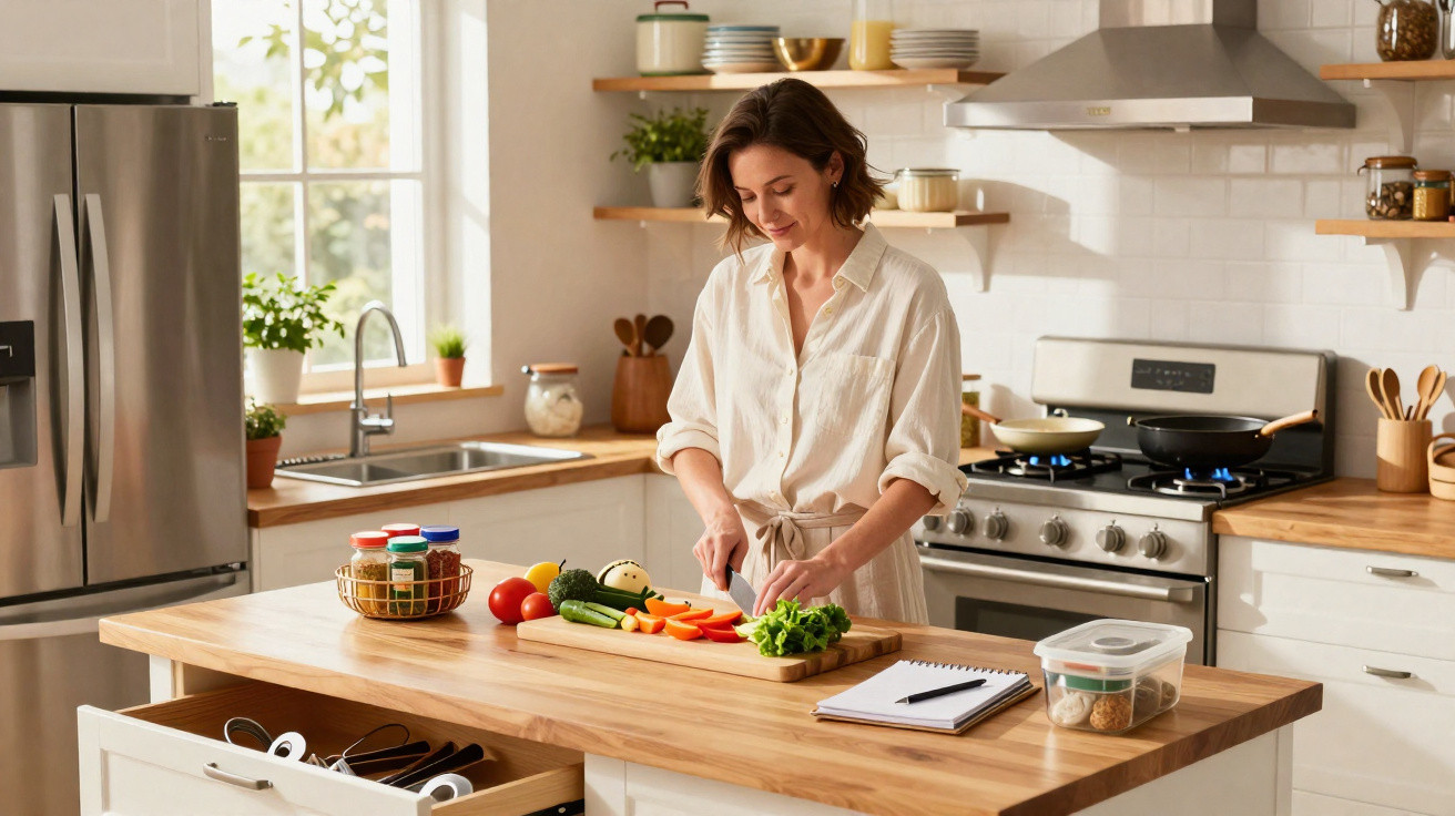 Mulher a cortar legumes numa cozinha luminosa e moderna, com bancada de madeira e eletrodomésticos.
