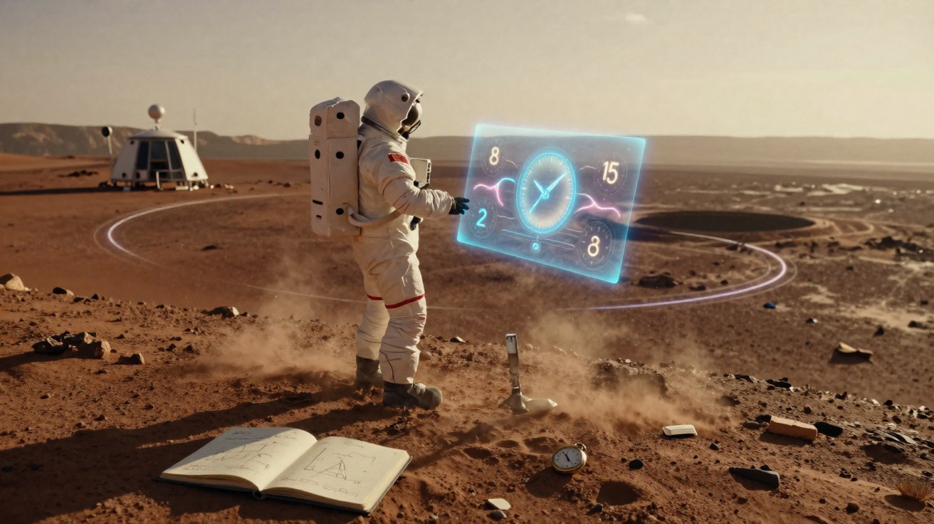 Astronauta em Marte interage com holograma de relógio, com equipamento e livro aberto no chão árido.
