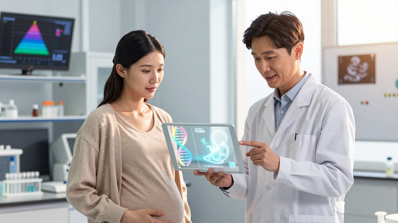 Médico mostra imagem digital de ADN e feto a mulher grávida numa consulta médica num laboratório moderno.