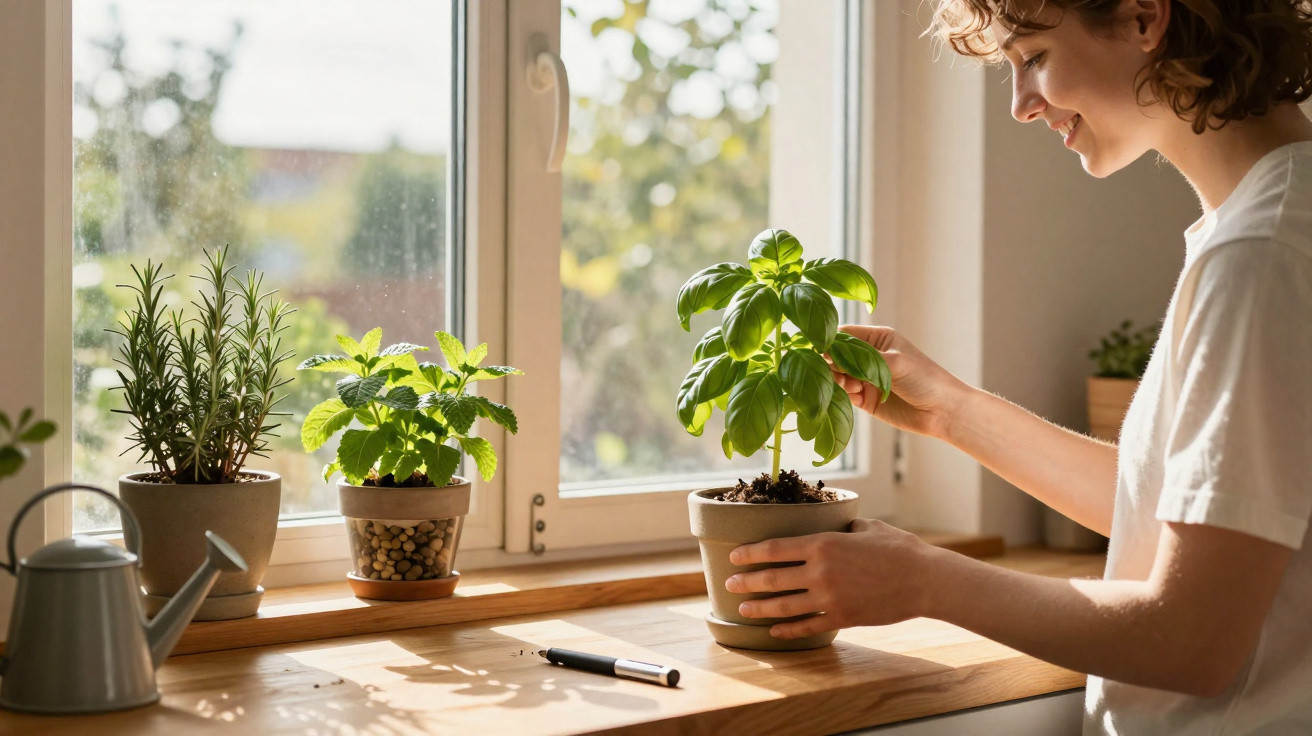 Mulher a cuidar de plantas aromáticas numa janela com luz natural, incluindo manjericão, menta e alecrim.