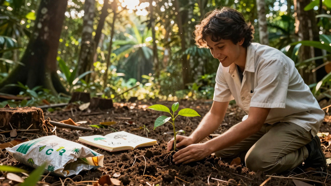 Jovem planta uma muda no solo de uma floresta, com livro e saco de terra ao lado.