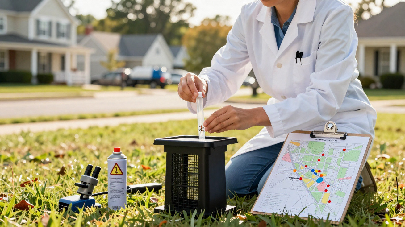 Pessoa com bata branca a colocar amostra de mosquito numa armadilha ao ar livre, com equipamento e mapa.