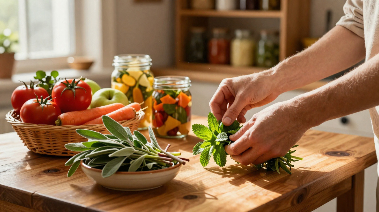 Mãos a apanhar ervas aromáticas numa cozinha com legumes e frascos de alimentos em fundo desfocado.