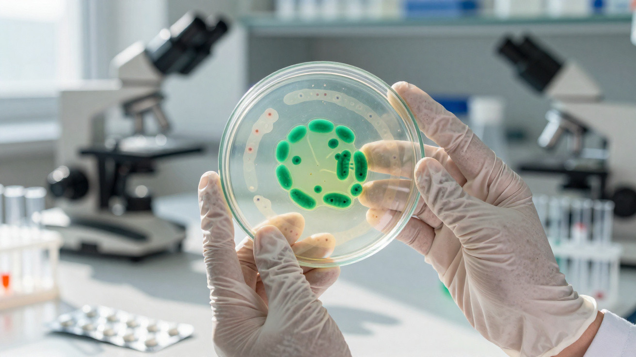 Mãos com luvas seguram placa de Petri com cultura verde em laboratório científico moderno.
