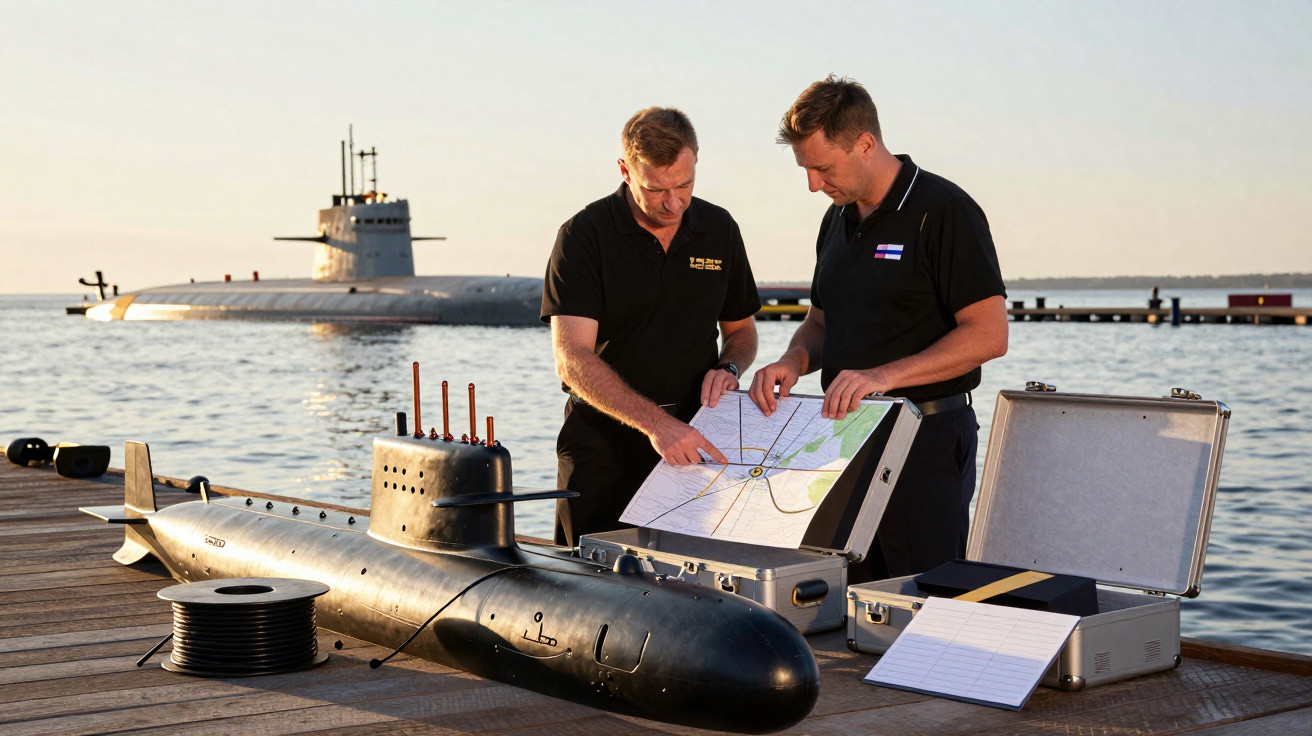 Dois homens analisam mapas junto a submarinos e equipamentos numa doca ao pôr do sol.