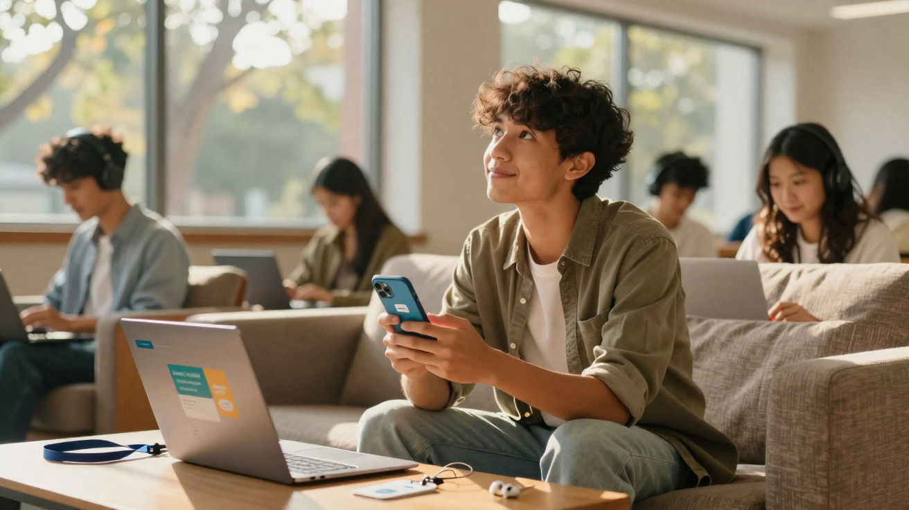 Jovem sentado num sofá a segurar um telemóvel, com computador portátil e outras pessoas a estudar ao fundo.
