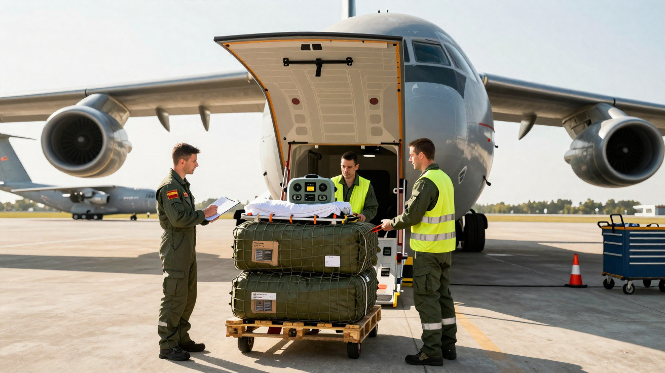 Três militares descarregam equipamento médico de avião militar numa pista de aeroporto.