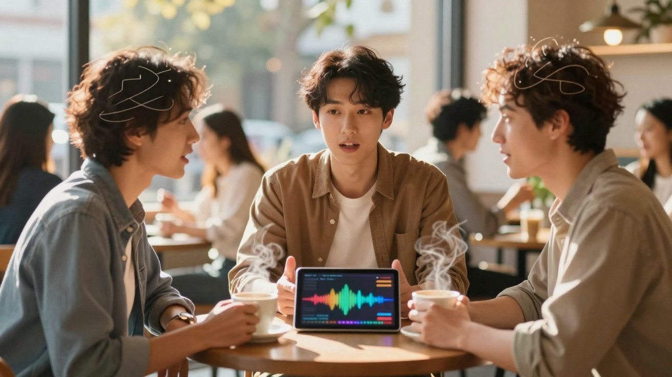 Três jovens sentados à mesa num café, com um tablet a mostrar gráficos de áudio e a conversar.