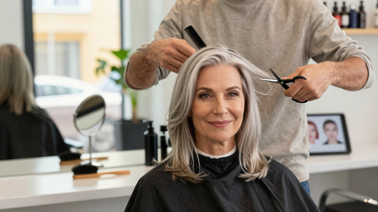 Mulher sorridente com cabelo cinza a ser cortado num salão de cabeleireiro por um profissional.