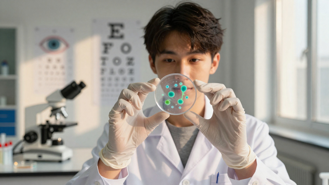 Homem com bata branca e luvas observa uma placa de Petri com cultura de microrganismos coloridos no laboratório.