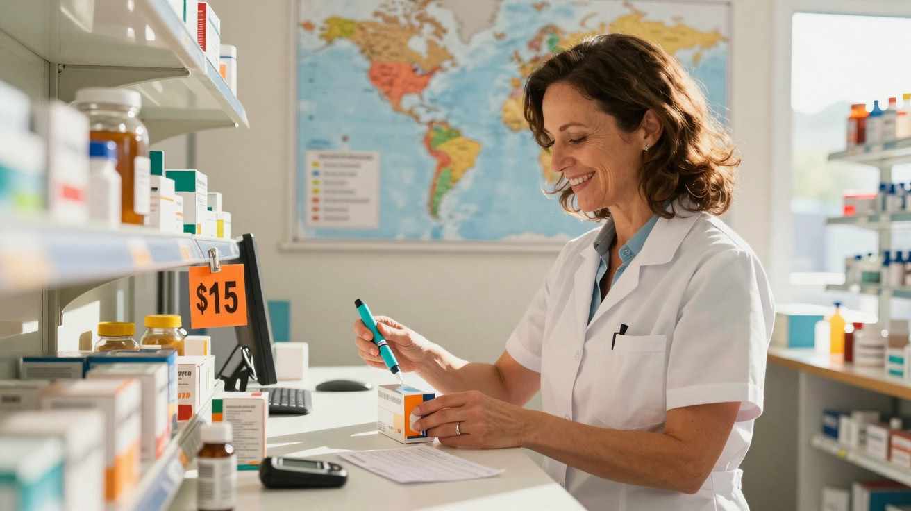 Farmacêutica sorridente a etiquetar um frasco de medicação numa farmácia com mapa-múndi ao fundo.