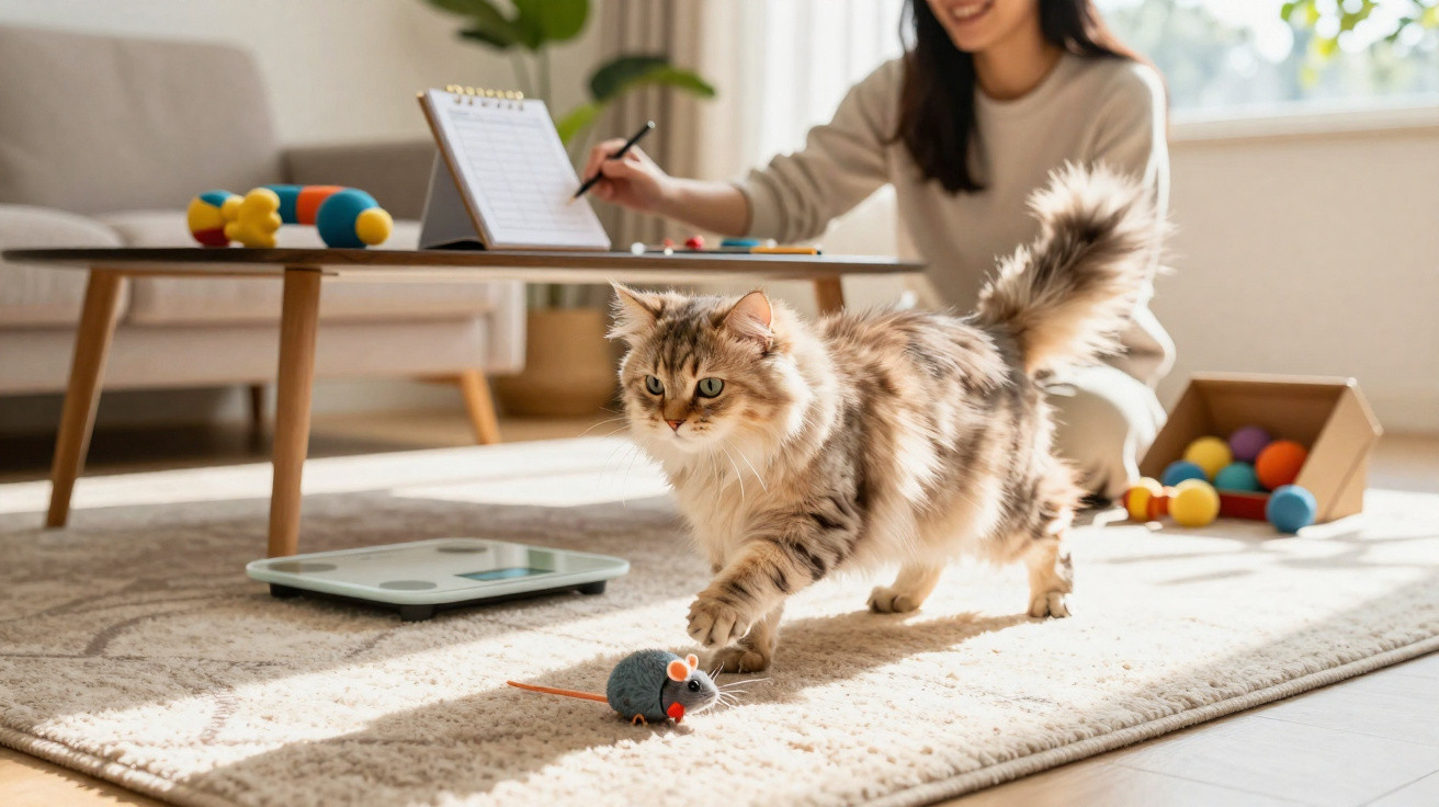 Gato peludo a brincar com brinquedo rato em tapete, mulher ao fundo a escrever junto a mesa de café.