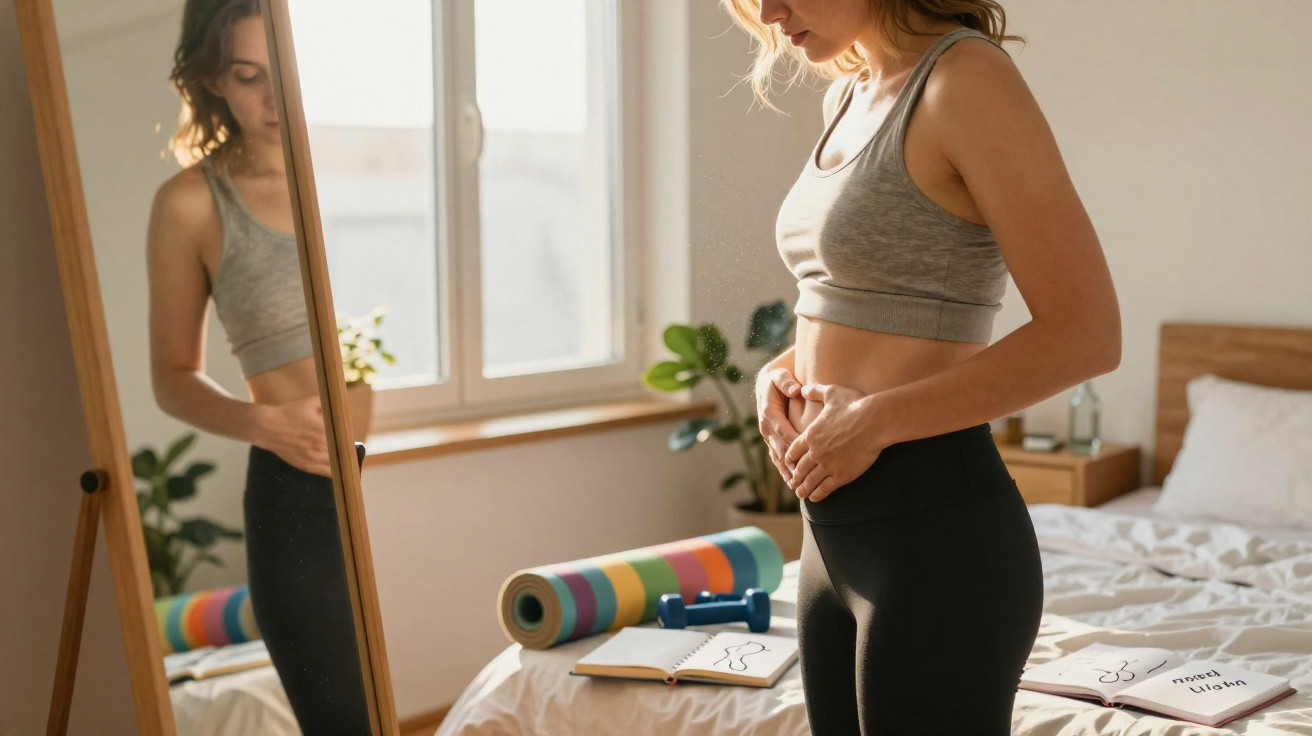 Mulher de roupa desportiva olha para a barriga em frente ao espelho num quarto com acessórios de exercício.